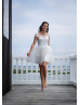 Boat Neck Ivory Lace Tulle Keyhole Back Short Wedding Dress 